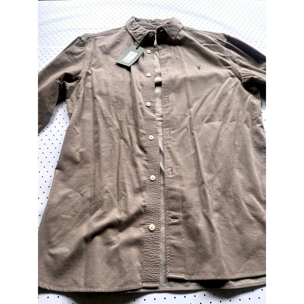 AllSaints Birchwood LS Shirt Taupe Rib Knit Button Up Small NWT